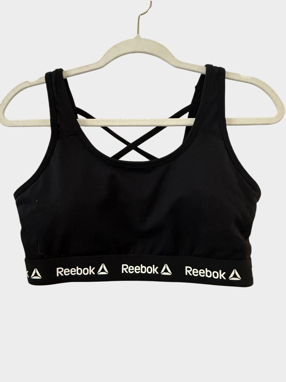 Reebok Medium Black Criss Cross Back Padded Sports Bra Logo Band Activewear